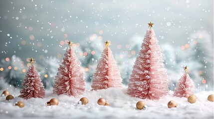 An cute Christmas trees using minimalistic lines, adorned with a combination of pink and gold elements on a pristine white backdrop.