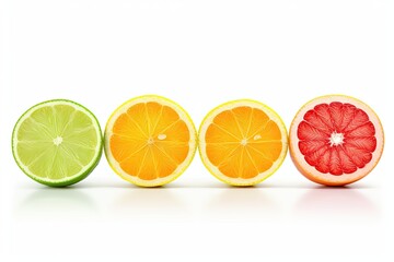 Citrus slices half cut fruits orange grapefruit lime lemon arranged in a row isolated on white background