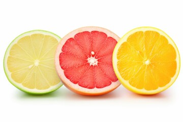 Citrus slices half cut fruits orange grapefruit lime lemon arranged in a row isolated on white background