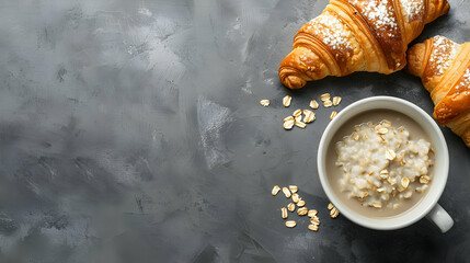 Bright breakfast on gray background, top view. Tasty oatmeal, croissants and cup of coffee.