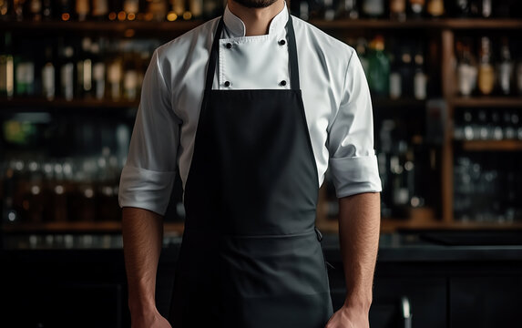 Chef kitchen apron. Chef cook in uniform, kitchen apron, protective apparel, culinary environment, food service setting, chef in kitchen interior, apron mock-up. Realistic style photo.