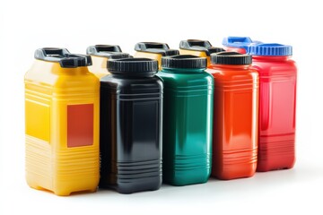 Motor Oil Can. Plastic Canisters with Various Types of Motor Oil for Car Engine on White Background