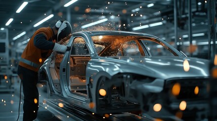Obraz premium Worker in protective gear welding car frame in a factory, sparks flying around, showcasing automotive manufacturing process in an industrial setting with bright overhead lighting