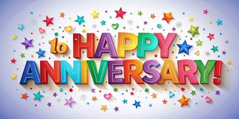 Colorful Happy Anniversary Typography Banner with Stars on Bright Background for Celebratory Occasions and Festive Events