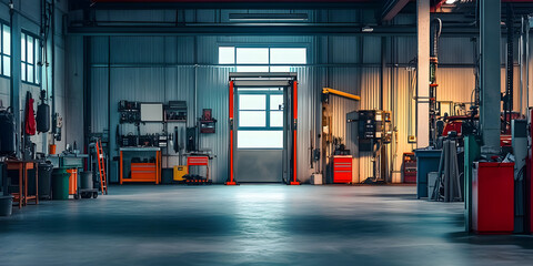Empty workshop with a lift in a car repair station