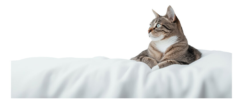 PNG Tabby cat resting on a white cushion