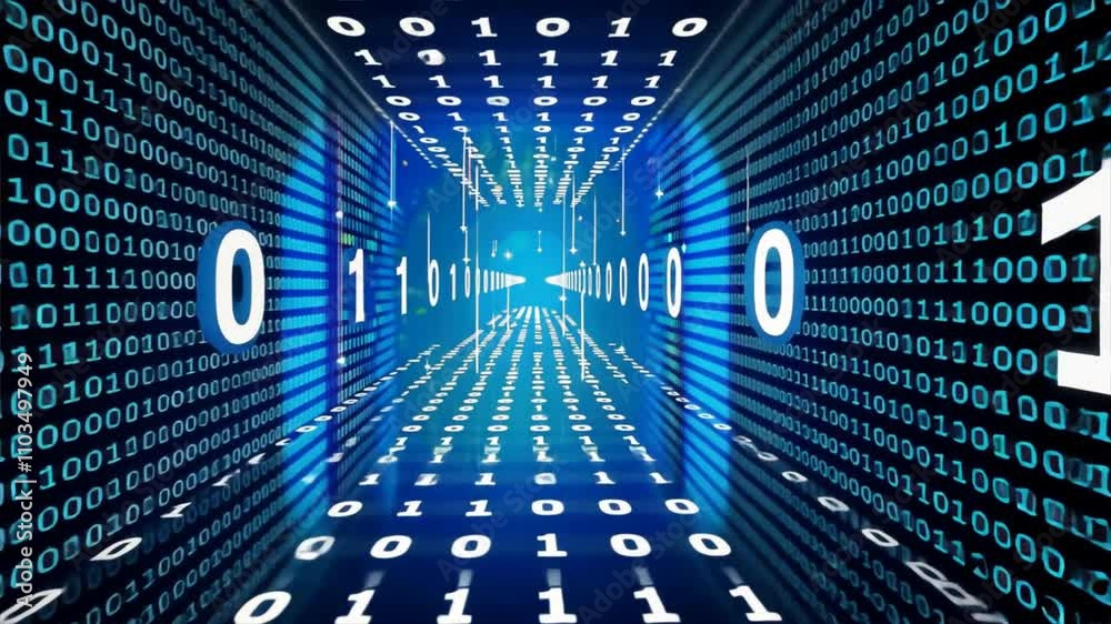 Poster exploring digital tunnel of binary code futuristic journey through glowing numbers and technology in