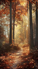 Fototapeta premium Serene Autumn Forest Path: A Tranquil Journey Through Nature's Colorful Transformation