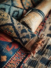 Fototapeta premium Vibrant textile pieces with intricate designs and fringes