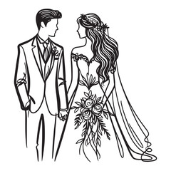 One continuous single drawing black line art doodle of wedding couple bride and groom standing side by side, holding hands, illustration on white background