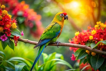 Obraz premium Colorful Parakeet in a Lush Jungle Setting Surrounded by Vibrant Flora and Natural Light, Showcasing Its Unique Plumage and Playful Personality