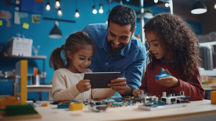 Fototapeta premium In a modern workshop, a male teacher helps two young girls piece together a robot, surrounded by various electronic components on the workbench. Holding a tablet, he smiles warmly