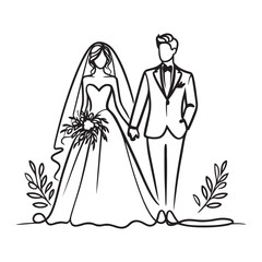 One continuous single drawing black line art doodle of wedding couple bride and groom standing side by side, holding hands, illustration on white background