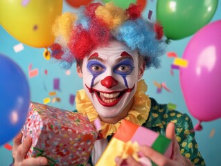 Fototapeta premium A clown holding balloons and presents, smiling at the camera with a happy expression.