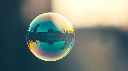 A colorful soap bubble reflecting its surroundings, floating gracefully in soft light, showcasing iridescent hues and delicate texture.