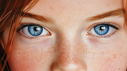 Fototapeta premium An artistic portrait emphasizing the vibrant contrast of piercing blue eyes and a face adorned with freckles. The soft lighting and delicate details highlight natural elegance and