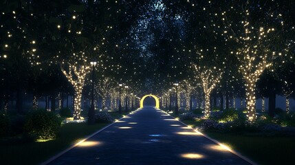 A city park at night with glowing pathways surrounded by trees adorned with twinkling lights