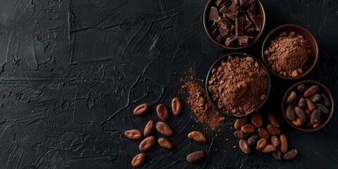 Black background with a bowl of chocolate powder and a bowl of chocolate chips. Concept of indulgence and temptation, as the chocolate is a popular treat that many people enjoy