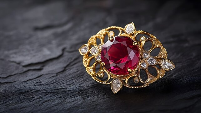 A high-detail image of a ruby brooch with intricate gold details, surrounded by copy space,
