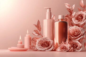 Advertising for hair shampoo with an elegant theme of roses and candles. The background is a gradient from light pink to dark beige. The bottle stands next to the roses, illuminated by warm light