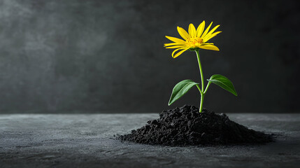 A vibrant yellow flower grows from a mound of dark soil, symbolizing resilience and growth against a minimalistic gray backdrop.