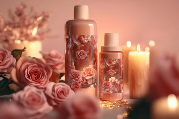 Advertising for hair shampoo with an elegant theme of roses and candles. The background is a gradient from light pink to dark beige. The bottle stands next to the roses, illuminated by warm light