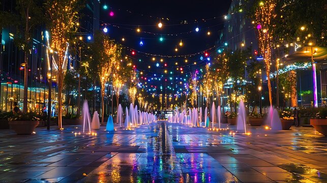 A vibrant city square lit up with decorative string lights and fountains glowing with colorful illumination