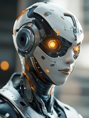Fototapeta premium Woman with a robotic face is wearing a white and orange outfit. The outfit is futuristic and has a metallic look to it. The woman's face is illuminated with a bright orange light