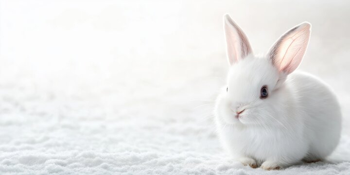 White dwarf rabbit with pink ears sitting on soft white textile. Clean minimal studio portrait perfect for Easter marketing, pet care advertising or animal welfare campaigns. 8k banner