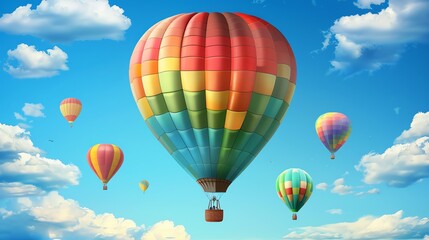 Naklejka premium Colorful hot air balloons soar through a bright blue sky with fluffy white clouds.