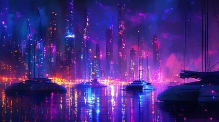 A harbor filled with boats and yachts lit up against a backdrop of a glowing city skyline