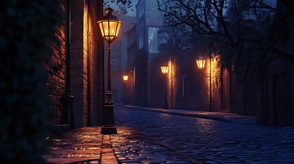 A quiet street corner with vintage lamp posts casting warm light on cobblestone paths at night