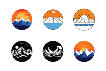 Mountain Circular Icon Set - Sunrise Silhouette Vector Illustration for Scenic, Adventure, and Nature Designs