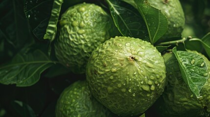 Bunch of green fruits with a few drops of water on them. The fruits are green and have a bumpy texture