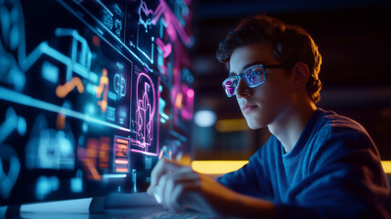 Teenager learning to create neon signs in hi-tech environment, with AI glowing graphic overlays. AI