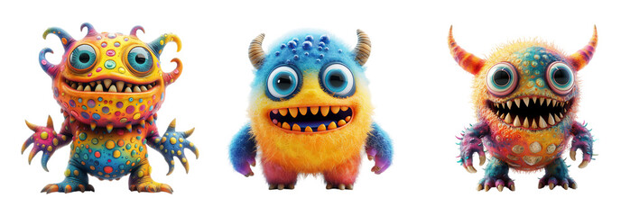 Naklejka premium 3D Cartoon Monster Characters with Big Eyes and Sharp Teeth transparent png
