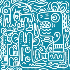 Doodle illustration with fictional character objects arranged elegantly and simply