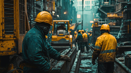 Construction workers in busy urban site with machinery and equipment