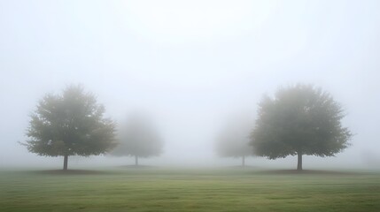 Fototapeta premium Foggy Field with Trees Standing Tall in Mist