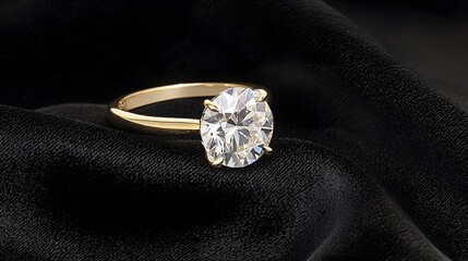 A striking diamond solitaire ring resting on black velvet, framed with text-friendly negative space,