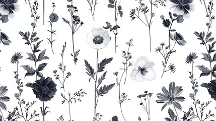 A black and white floral pattern on a white background.
