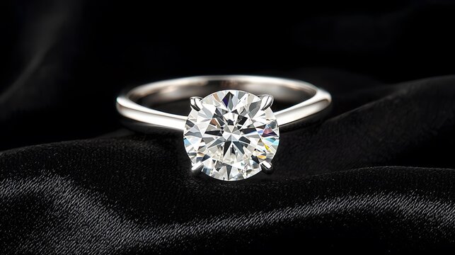A striking diamond solitaire ring resting on black velvet, framed with text-friendly negative space,