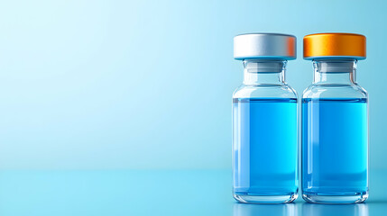 Glass vials with colorful lids containing blue liquid on a table