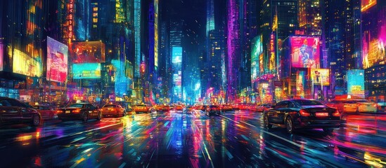 Obraz premium Showcase the urban rhythm as cars weave through a vibrant cityscape, creating a mesmerizing dance of illumination.