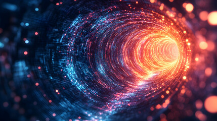Abstract Digital Tunnel of Light with Colorful Particles Swirling
