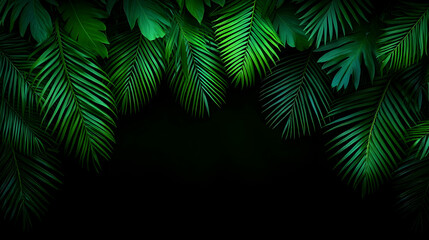 Lush Green Tropical Leaves on a Dark Background for Nature Themes