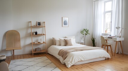 Cozy Scandinavian Bedroom with Light Wood Accents and Natural Lighting
