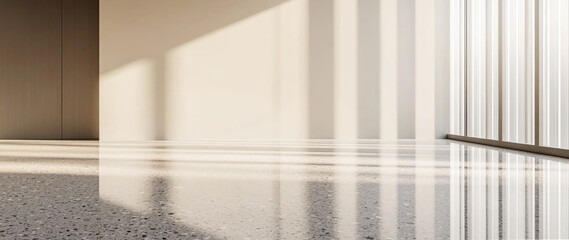 Obraz premium A modern interior space with polished terrazzo flooring, where dramatic window light creates striking linear shadows across white walls and the speckled floor surface. Generative AI.