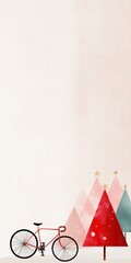 A bicycle is parked next to a Christmas tree. The tree is decorated with a star and a red ribbon