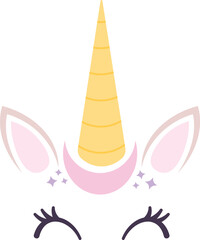 A unicorn with a yellow horn and pink eyes